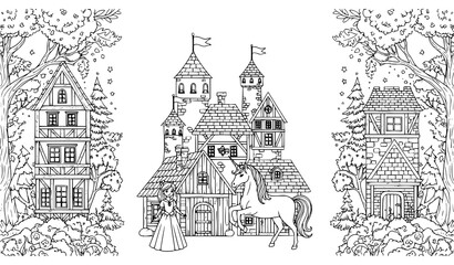 Fantasy Medieval Kingdom with Princess and Unicorn Vertical Coloring Book Page Vector © Hanif