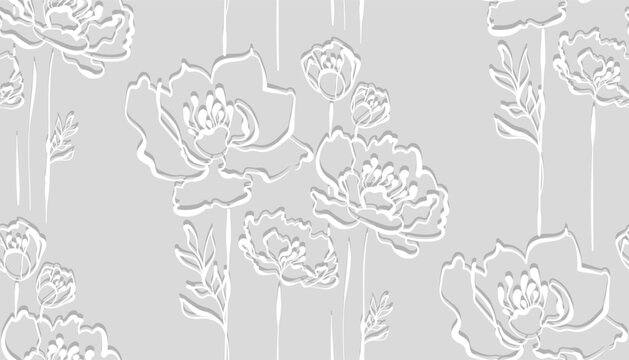 peony grey floral line art vector seamless pattern Art Nouveau 