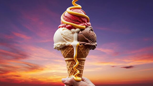 Colorful ice cream cone, triple scoop, sunset background, sweet treat, dessert