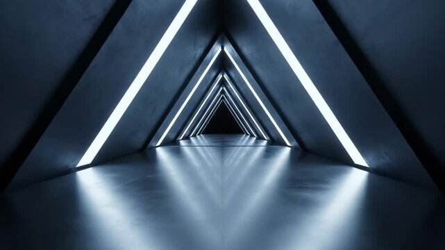 Futuristic digital journey through an abstract space. Dark tunnel with glowing blue triangular neon lights for technology backgrounds.
