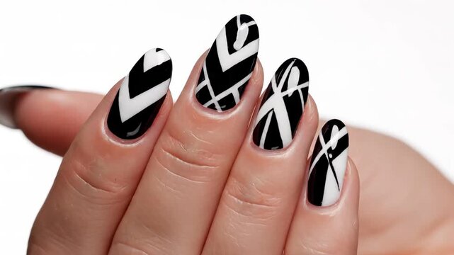 Hand with black and white nail art.