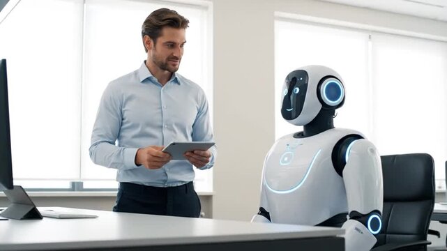 Businessman interacts with robot in modern office setting during video presentation