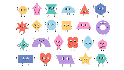 Obraz premium A diverse collection of playful, anthropomorphic geometric shapes with smiling faces and arms raised in a lively dance.