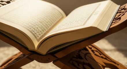 Obraz premium Holy quran open on a carved wooden rehal under bright sunlight illumination