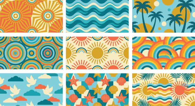 Decorative collection of stylized beach themed illustrations perfect for summer designs and vacation concepts.