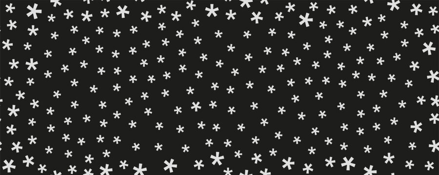 Abstract white asterisk stars scattered on black background. Seamless minimal pattern with playful random composition and high contrast. Modern decorative texture