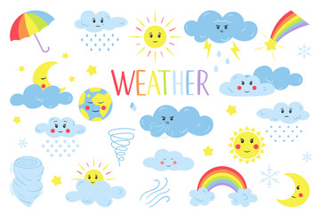 Cute weather icons depicting sun, clouds, rain, snow, rainbows, and wind