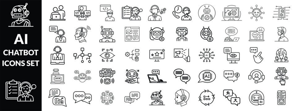 Chatbot set of web icons in line style. A collection of linear icons representing key Chatbot concepts, including a robot head with a headset, chatbot on a laptop, speech bubbles, Editable stroke