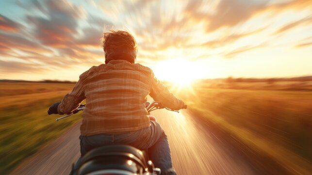 A rider speeds down a road toward a stunning sunset, representing the spirit of freedom, adventure, and the exhilaration of escaping daily life through travel.