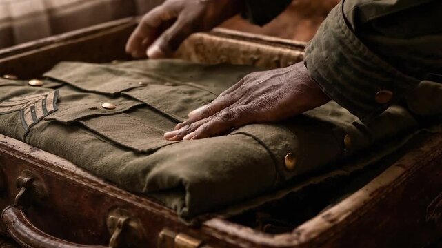 Hands Folding Military Uniform on Wooden Table seamless loop