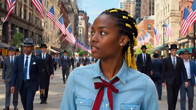 Woman with braids on city street