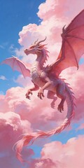 Mythical pink dragon flying through fluffy pink clouds and blue sky. Fantasy creature legend. Magical beast concept for fairytale story.