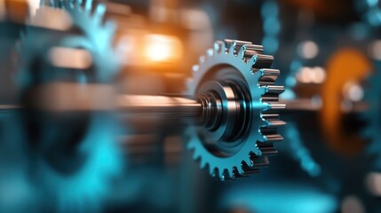 Fototapeta premium This dynamic image zooms in on interconnected gears with a futuristic design, showcasing their intricate details and colors that represent mechanical innovation and teamwork.