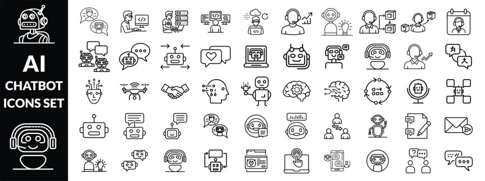 Chatbot set of web icons in line style. A collection of linear icons representing key Chatbot concepts, including a robot head with a headset, chatbot on a laptop, speech bubbles, Editable stroke