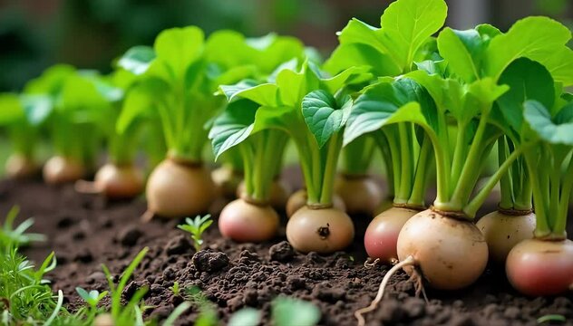 A backyard vegetable garden showing mature yam bean plants laden with round root bulbs 