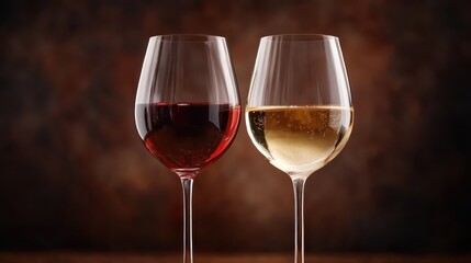 Naklejka premium An elegant image featuring two wine glasses, one red and one white, placed on a beautifully textured table, evoking a sense of luxury and sophisticated enjoyment.