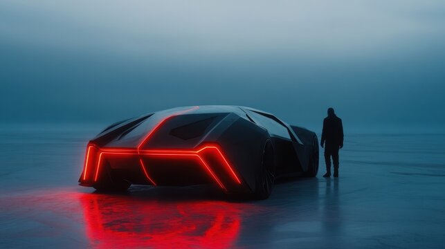 A sleek futuristic car with glowing neon lights stands on an icy surface, captivating viewers with its cutting-edge design and vision of future automotive technology.