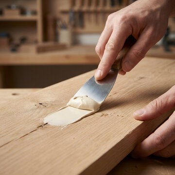 Applying Wood Filler on Oak Plank with Putty Knife &ndash; Furniture Repair and DIY Woodworking Concept