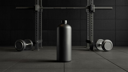 matte black supplement bottle mockup on dark gym floor