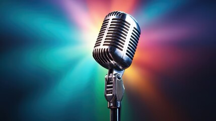 A vintage microphone stands prominently against a colorful backdrop, evoking the essence of music, performance, and the electrifying atmosphere of live shows and entertainment.
