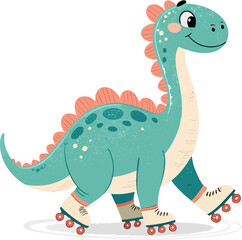 Naklejka premium Cute Brontosaurus Dinosaur Skating on Retro Roller Skates