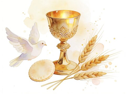 White dove flying with golden chalice, wheat, and bread for spiritual communion. Christian symbol of Eucharist for religious celebration.