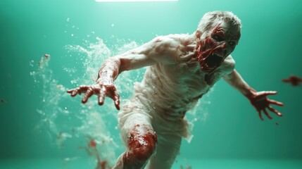 A monstrous zombie bursts forth with a ghastly scream, showcasing terrifying features and an unsettling aura that captivates and horrifies viewers in equal measure.
