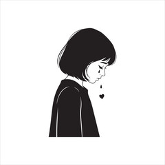 minimal flat vector  illustration of a sad young woman in side profile with tears, expressing loneliness and emotional pain.