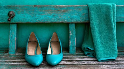 Turquoise high heel shoes resting on wooden bench
