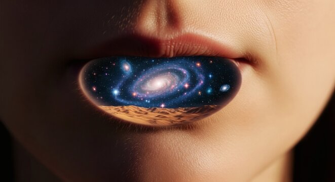 Woman's tongue with galaxy inside her mouth closeup