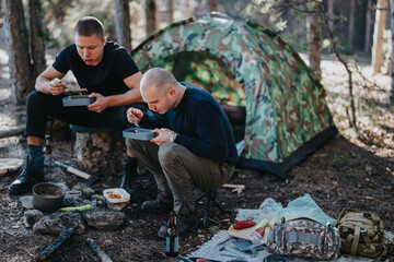 Two men eat from metal trays at a forest campsite, with gear and a camo tent nearby.