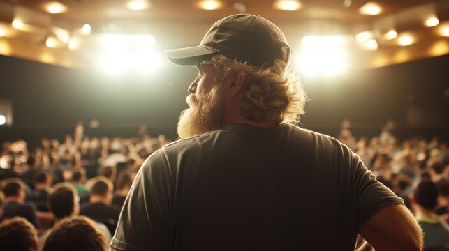 A thoughtful man stands in the foreground, observing a captivated audience under bright stage lights, reflecting the thrill and excitement of a live performance experience.