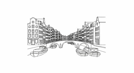 Fototapeta premium Ornate bridge spans canal lined with Dutch-style buildings with boats