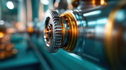 Fototapeta premium A close-up view of a gleaming metal gear mechanism reveals intricate details, showcasing the beauty and precision of engineering in an industrial setting.