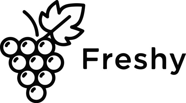 Minimalist black outline of a bunch of grapes with a leaf and the word "Freshy