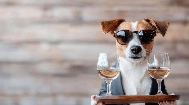 A quirky and stylish dog in sunglasses serves two glasses of wine on a tray, embodying fun and humor while showcasing an unexpected twist of sophistication in canine companions.