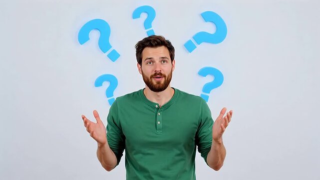 Man with question marks above his head