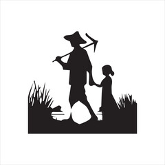 silhouette of a farmer walking with a hoe on his shoulder while holding a girl's hand, representing rural life, family bond, and agriculture.