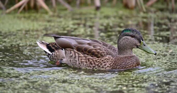 Brown duck swimming on water covered with green duckweed