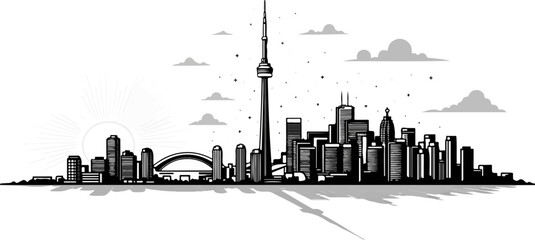 Obraz premium Monochromatic cityscape silhouette with sunburst and clouds
