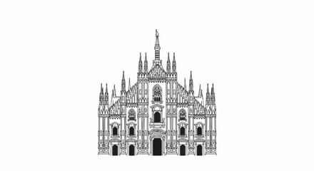 Obraz premium Ornate gothic cathedral facade with spires and statues, black and white sketch