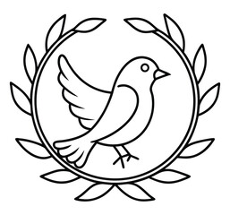 Obraz premium A simple black and white illustration depicts a dove with outstretched wings inside a laurel wreath