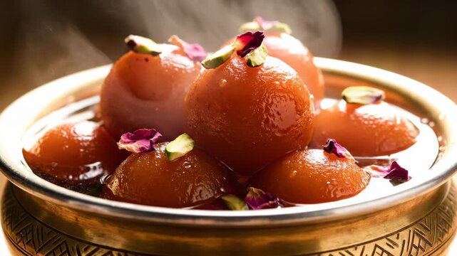 Fresh hot gulab jamun with steam in metal bowl 4K Video