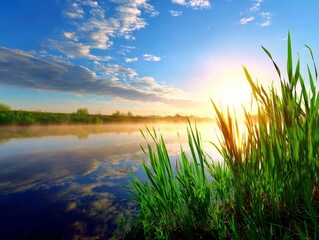 Lake sunrise with fog reflecting orange sky and grass