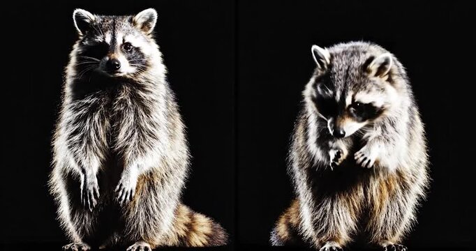 Pair of raccoons standing upright on a stark black background
