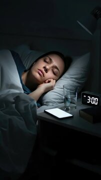 Young woman experiencing severe insomnia, wakefulness, chronic sleeplessness, feeling extreme exhaustion, fatigue, and profound disturbance in a dark bedroom at night