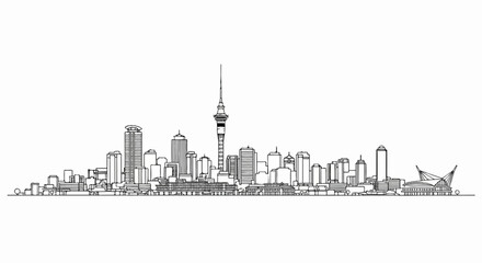 Minimalist line drawing of a city skyline with a prominent tower and stadium