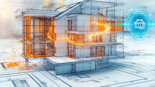 Modern residential architecture, innovative house design, detailed building blueprint, smart home technology system, future property concept, spatial structure with dynamic energy