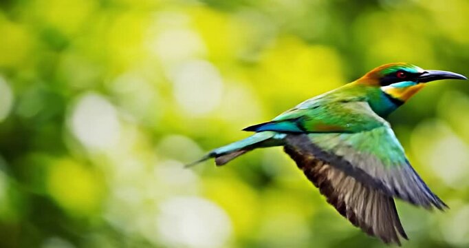 Vibrant colorful bee-eater bird in flight against green bokeh background