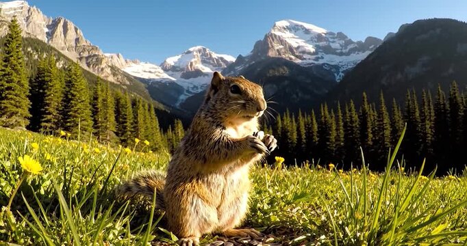 Wild ground squirrel eating in a sunny mountain landscape